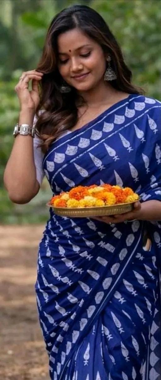 Hand block printed soft fancy cotton mulmul saree