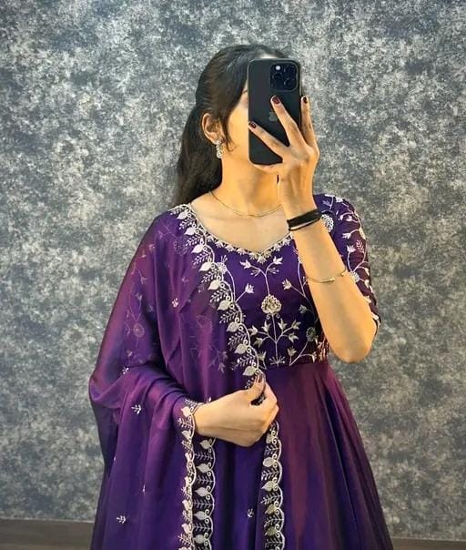 Women fancy silk anarkali gown with dupatta set