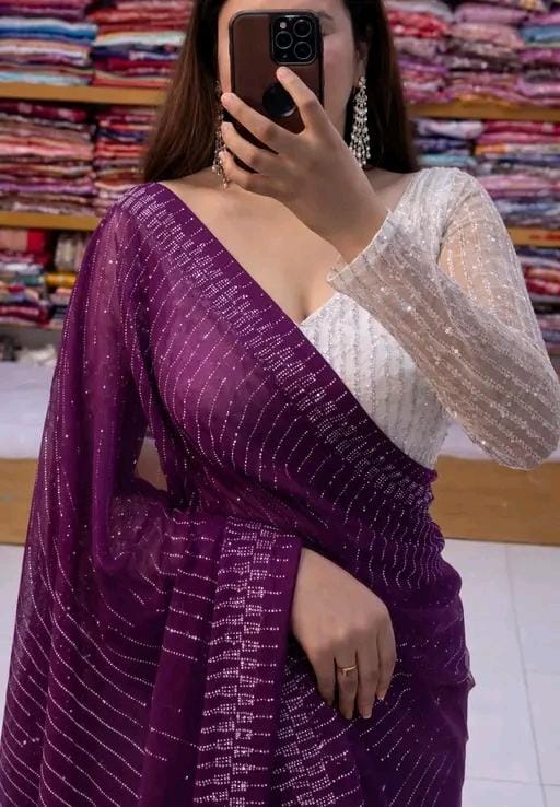 Georgette cutwork diamonds saree with blouse,saree ready tp bear