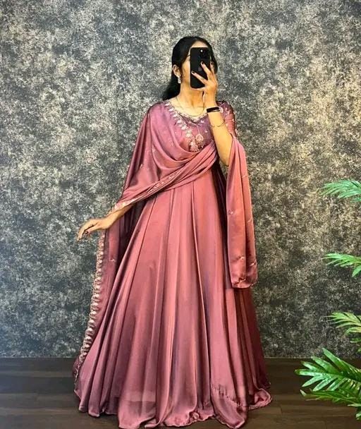 Women fancy silk anarkali gown with dupatta set