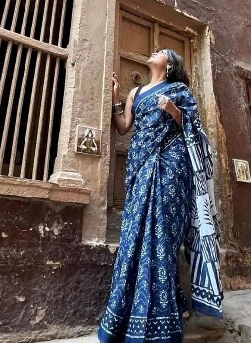 Hand block printed soft fancy cotton mulmul saree