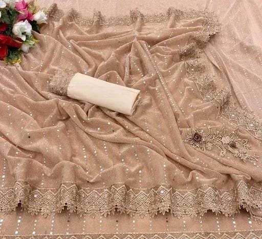 Women fancy shimmer saree with mirror work andvchemical lace