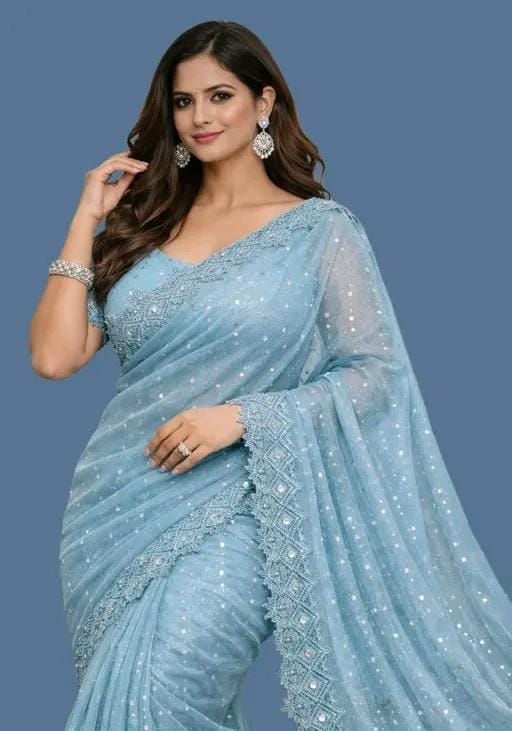 Women fancy shimmer saree with mirror work andvchemical lace
