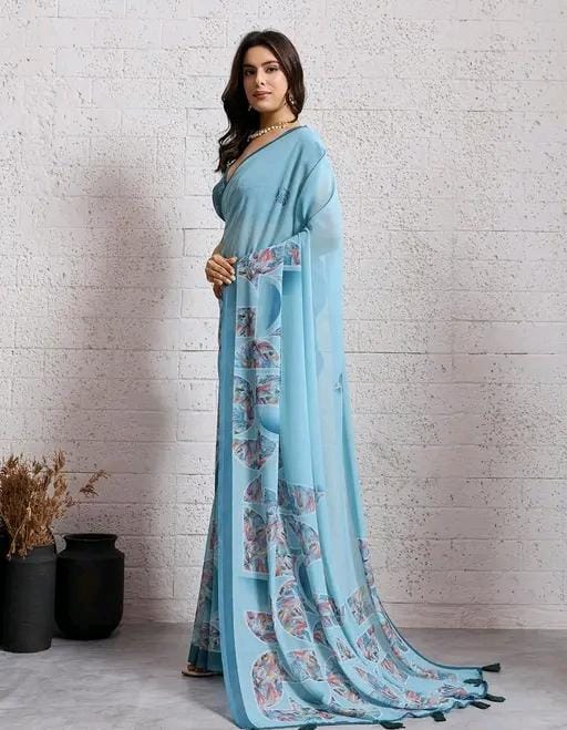 Pritii women sky blue cotton blend geomatric printed saree