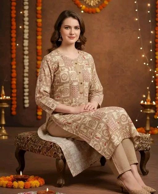 Jaipuri golden check print kurti for women