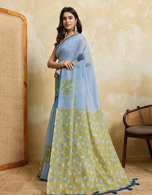 Women light blue cotton blend geomatric printed saree