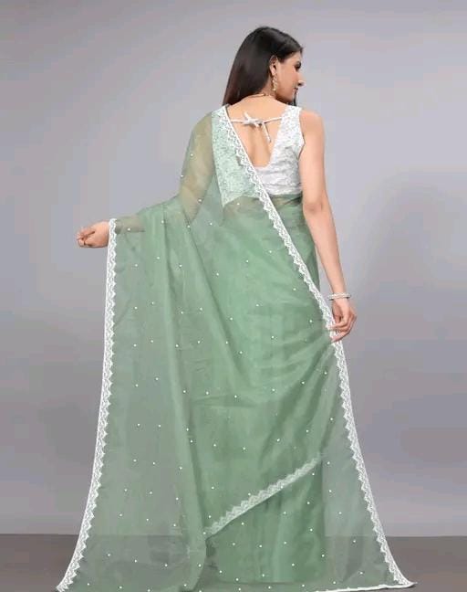 Women fancy supernet beads and stone saree with jackard blouse