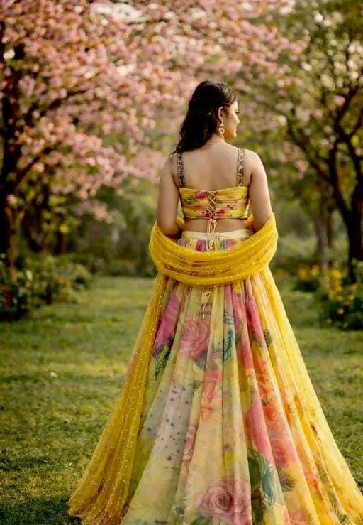 Modern womens printed semi haldi yellow colour lehenga