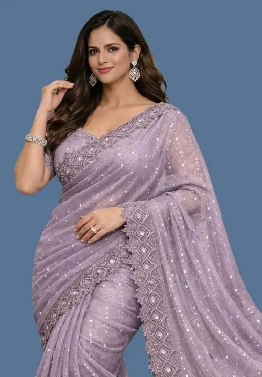 Women fancy shimmer saree with mirror work andvchemical lace