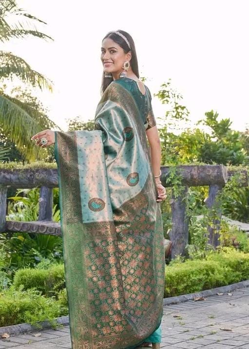 Woven srlf design pista colour banarasi saree