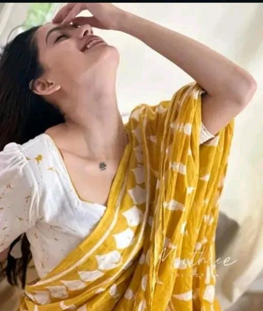 Hand block printed soft fancy cotton mulmul saree