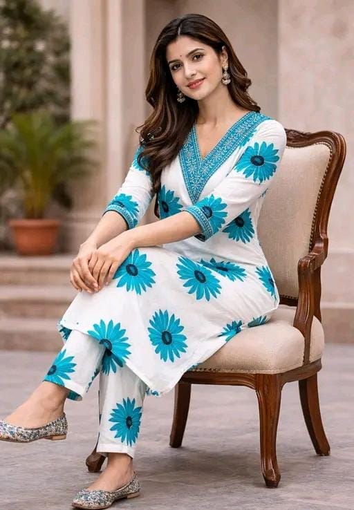 Women printed emnroidery gala kurti set with bottomwear