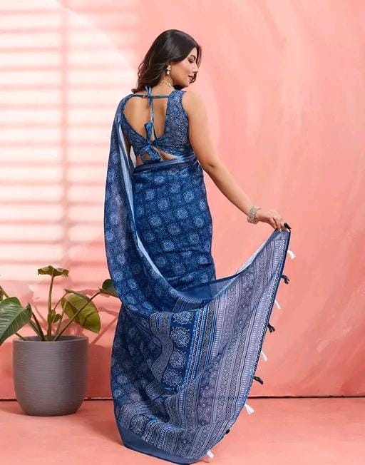 Women fancy blue linen printed saree