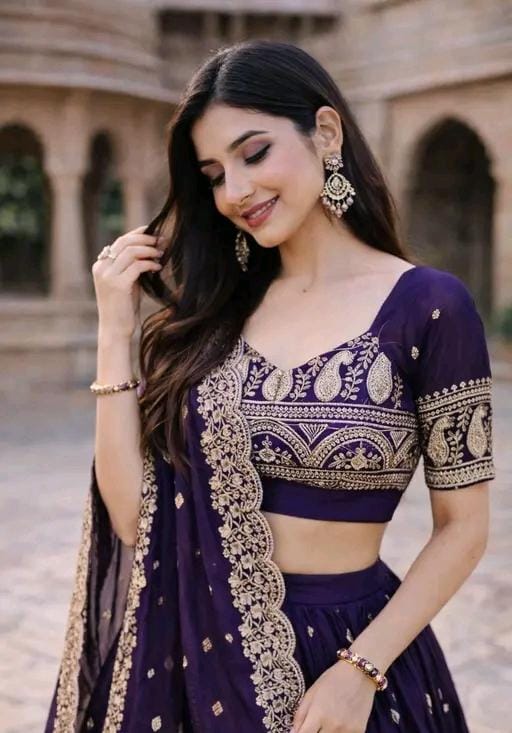 Purple women chinon silk with embroidered work lehenga choli set