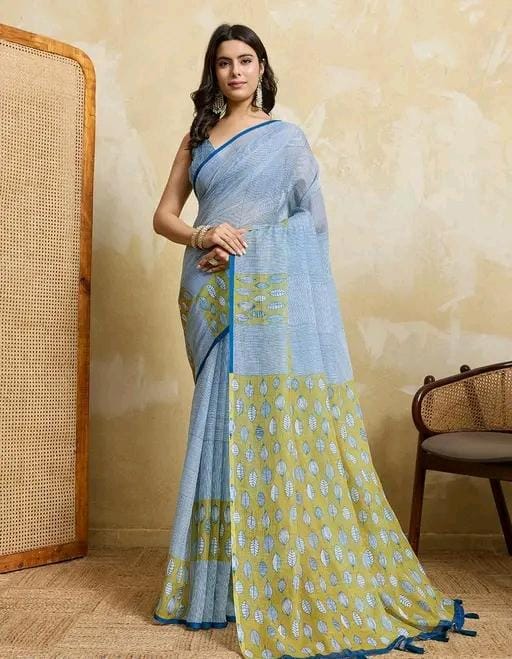 Women light blue cotton blend geomatric printed saree