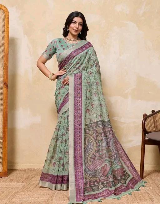 Fancy women print printed silk saree with blouse