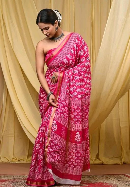 Women fancy elegant cotton mulmul saree with luxury zari border