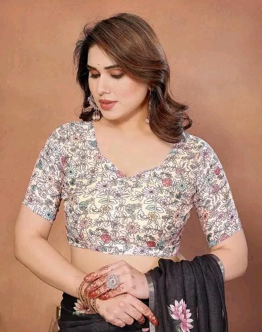 Soft cotton linen degital print saree with matching blouse