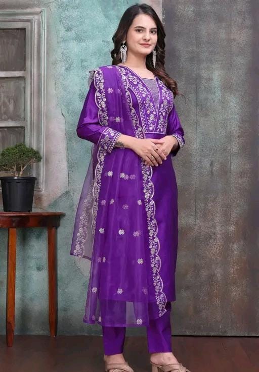 Rayon slub embroidered kurta set with dupatta