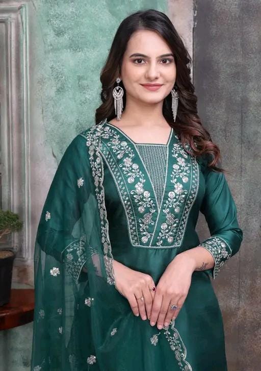 Rayon slub embroidered kurta set with dupatta