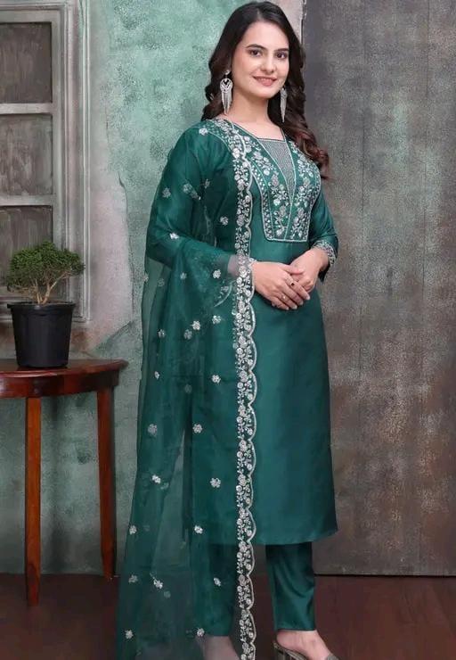 Rayon slub embroidered kurta set with dupatta