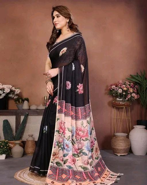 Soft cotton linen degital print saree with matching blouse