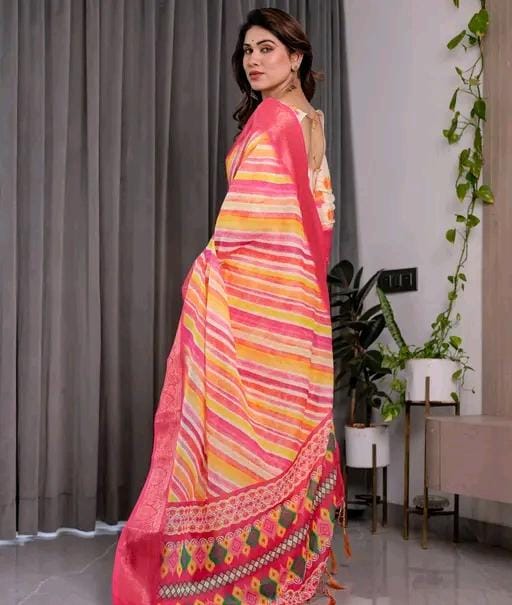 Handloom linen printed saree with zari border