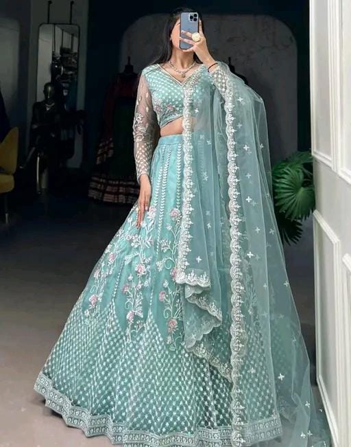 Thread work semi stitched lehenga with blouse stitched with dupatta