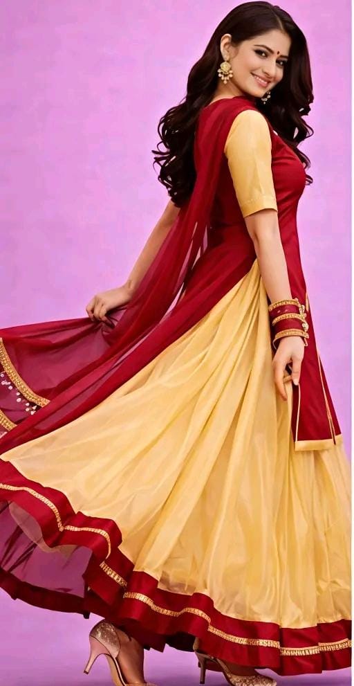 Women maroon & cream lehenga kurti with dupatta