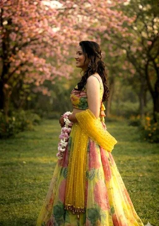 Modern womens printed semi haldi yellow colour lehenga