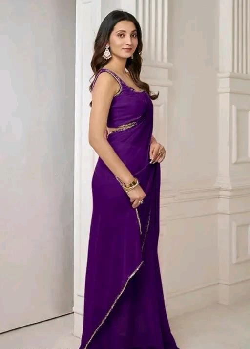 Women stylish pink colour plain pure fox georgette fabrics saree