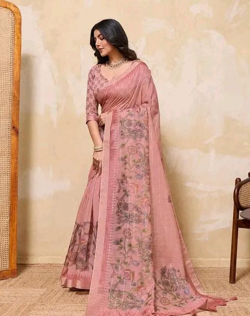 Fancy women print printed silk saree with blouse