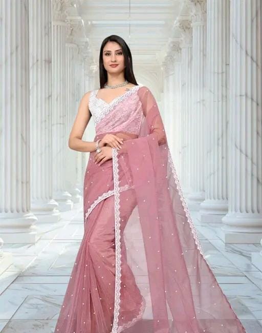 Women fancy supernet beads and stone saree with jackard blouse