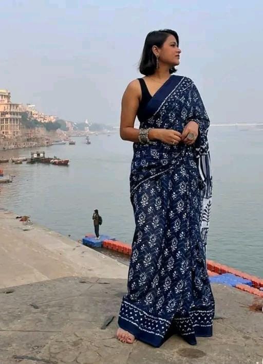 Hand block printed soft fancy cotton mulmul saree