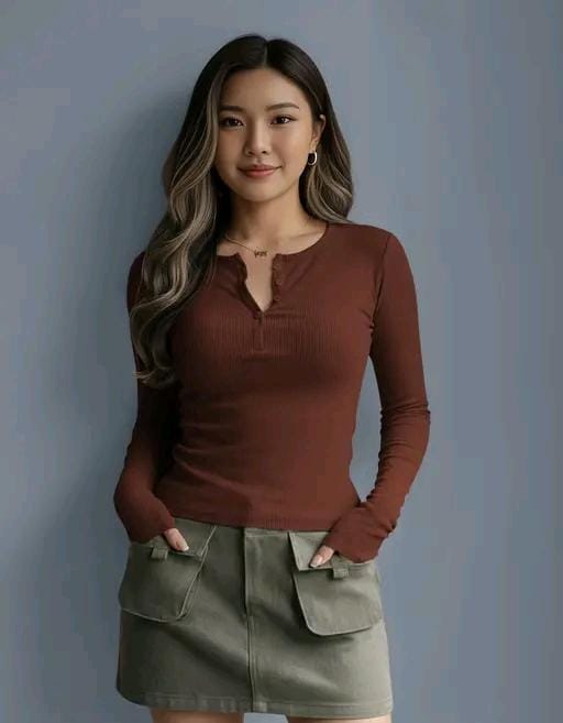 Casual polyester blend round neck with buttons long sleeves stylish top