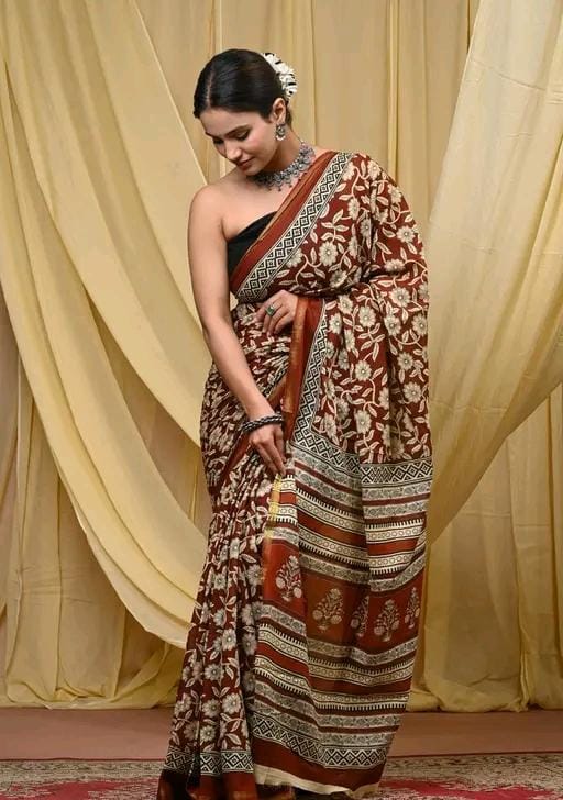 Jaipuri hand block printed soft cotton saree