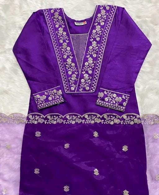 Rayon slub embroidered kurta set with dupatta