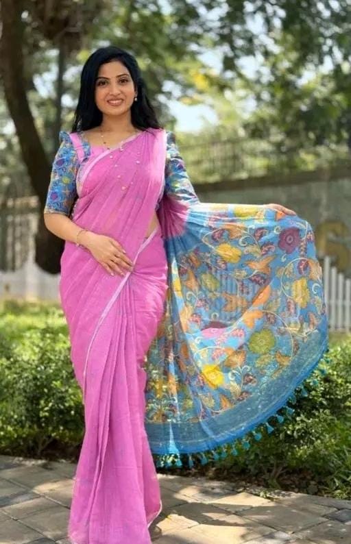 Linen cotton print sarer for women