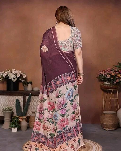 Soft cotton linen degital print saree with matching blouse