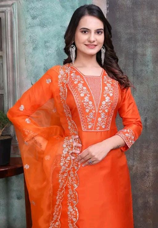 Rayon slub embroidered kurta set with dupatta