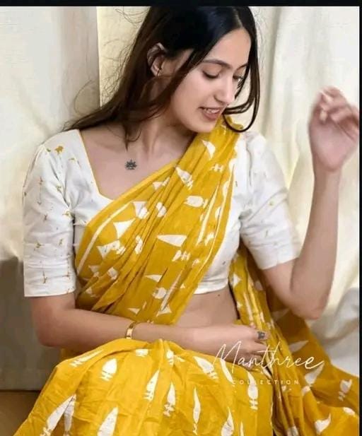 Hand block printed soft fancy cotton mulmul saree