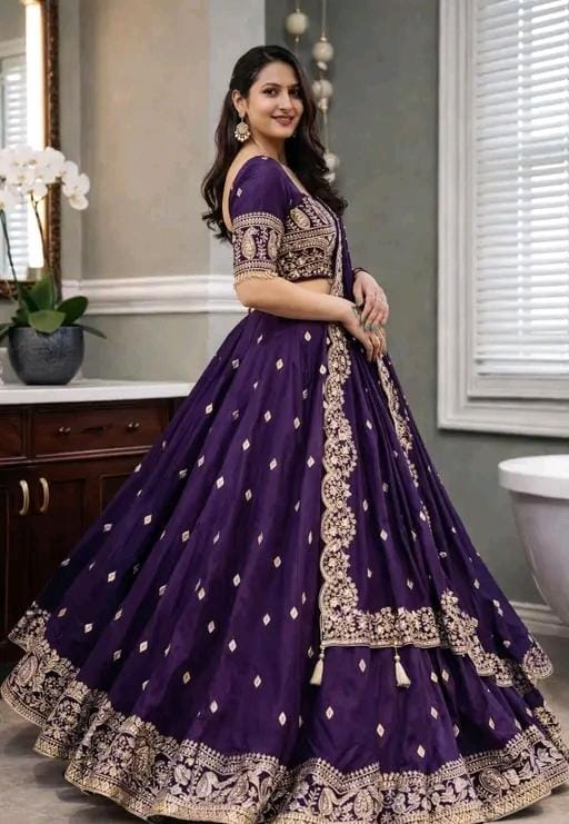 Purple women chinon silk with embroidered work lehenga choli set