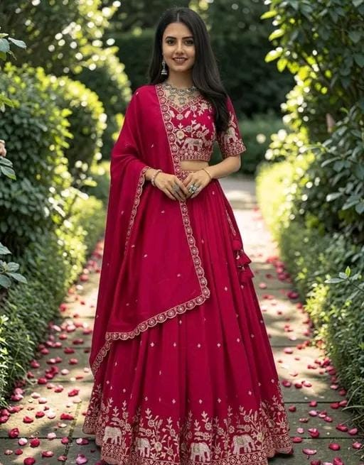 Embroidered riund neck semi stitched lehega & blouse with dupatta