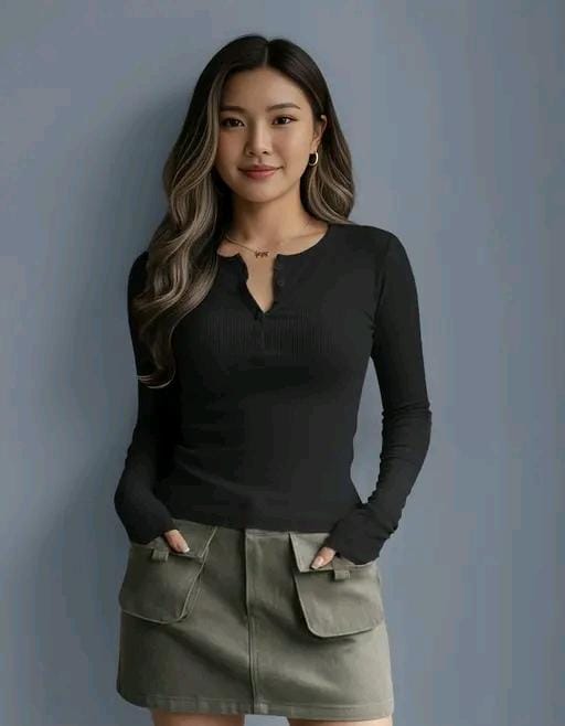 Casual polyester blend round neck with buttons long sleeves stylish top
