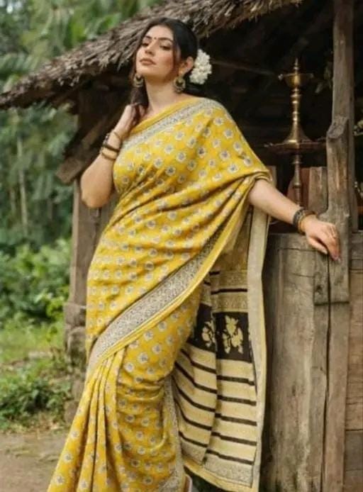 Hand block printed soft fancy cotton mulmul saree