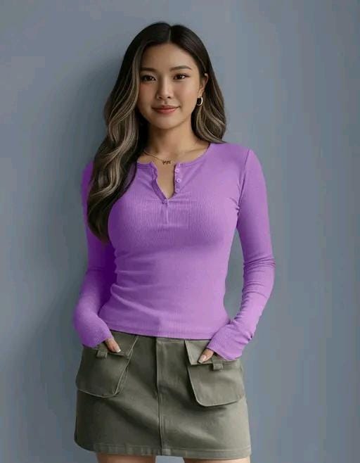 Casual polyester blend round neck with buttons long sleeves stylish top