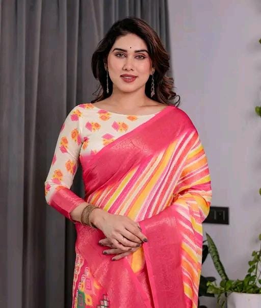 Handloom linen printed saree with zari border