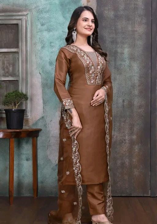 Rayon slub embroidered kurta set with dupatta