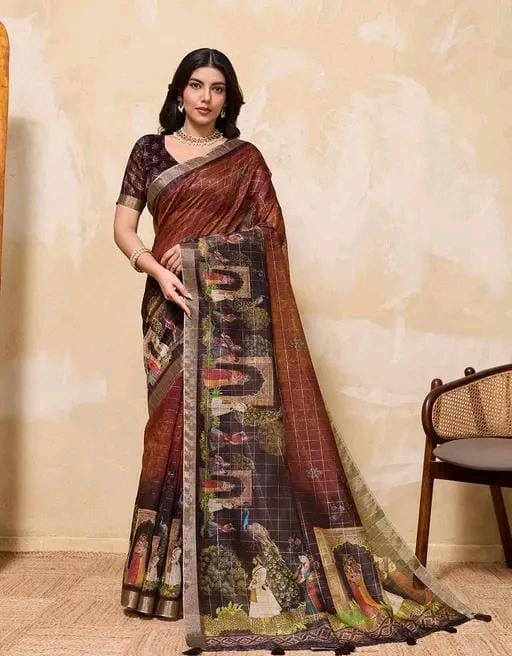 Fancy women print printed silk saree with blouse