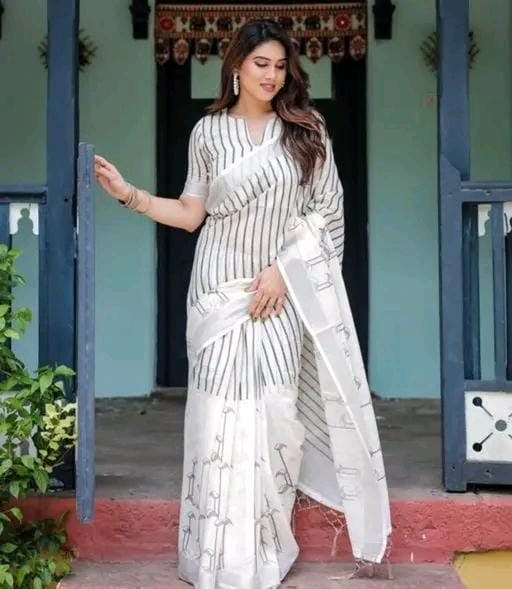 Women cotton linen saree white